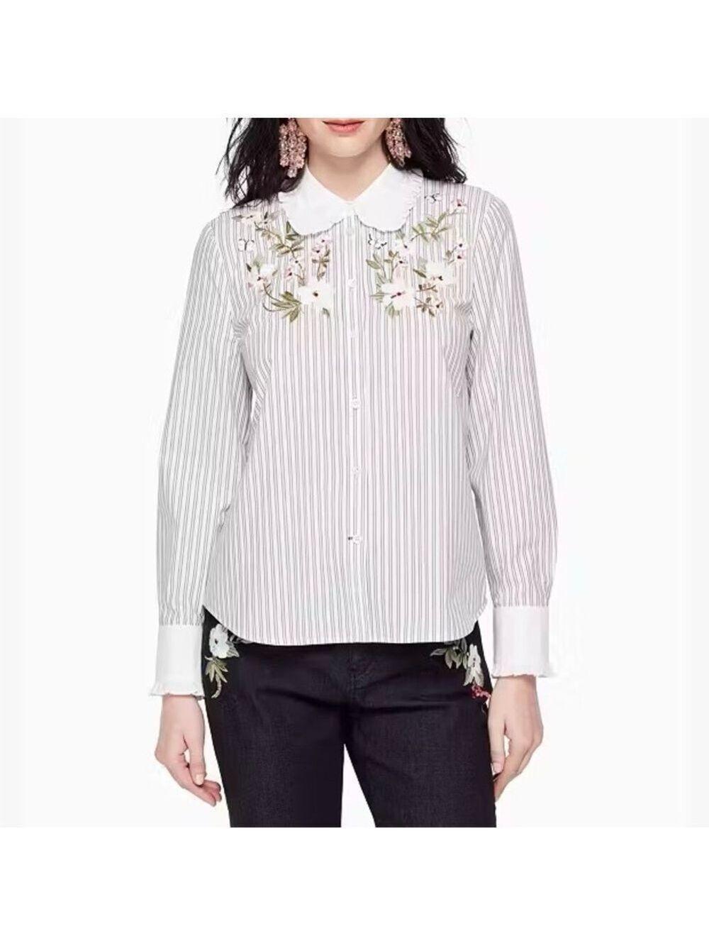Kate Spade Embroidered Stripe Ruffle Top Size Large Botanical Ruffle Collar